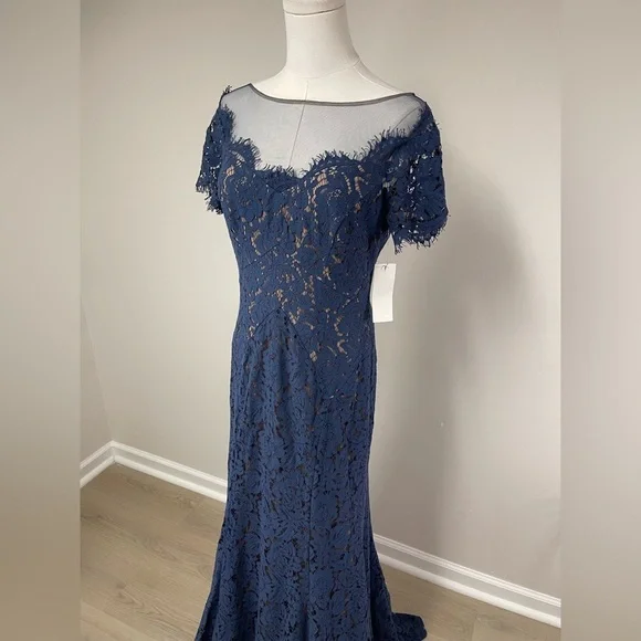 NWT Rene Ruiz Illusion Lace Floral Gown Navy Blue Size 6 - Picture 4 of 16